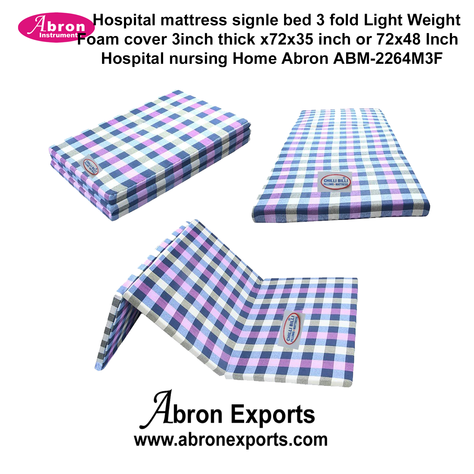 Hospital mattress Signle Bed 3 Fold Light Weight Foam Cover 3 inch Thick x72x35 inch or 72x48 Inch Hospital Nursing Home Abron ABM-2264M3F